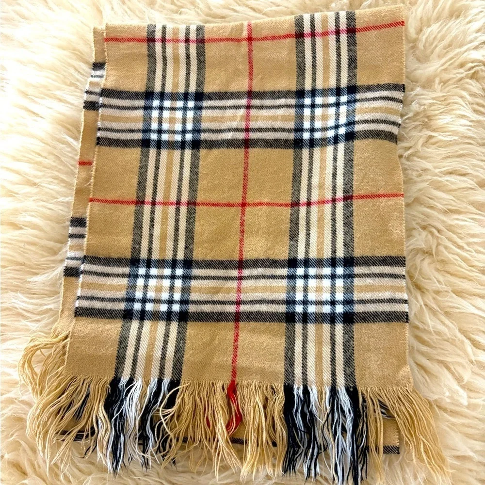 Soft Brushed Knit Tan and Black Plaid Fringe Scarf